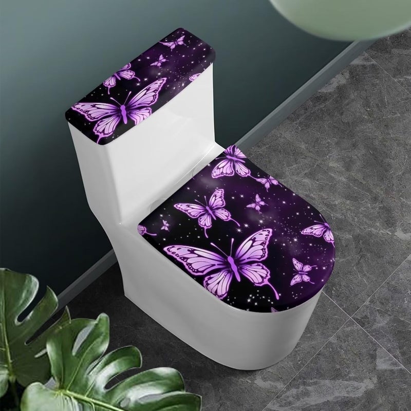 CREAMIC Purple Butterfly Bathroom Toilet Lid Covers and Tank Cover Set Seat Covers Fits Most Lids for Accessories Decor with Elastic Edge Keep Dust Stain Machine Washable - Image 2